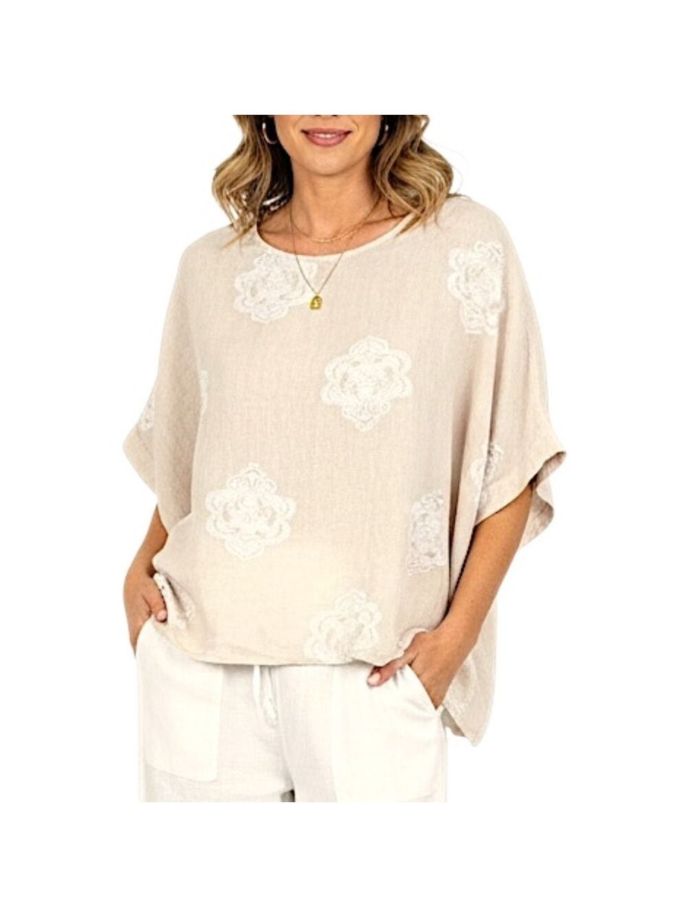 Made in Italy pure Italian linen beige white medallion print oversized boxy top